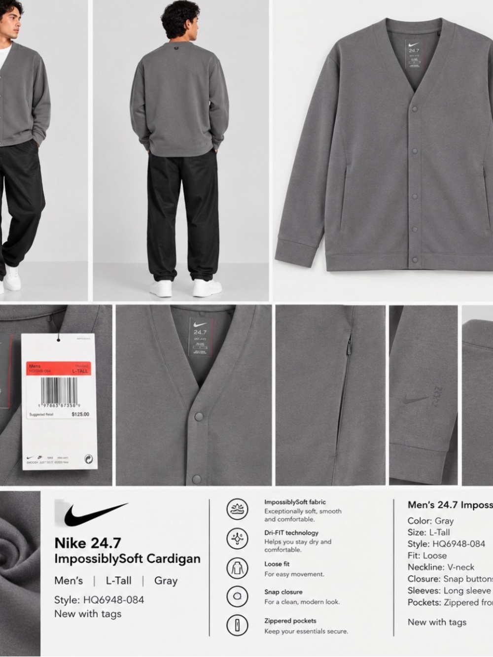 Nike Men's 24.7 ImpossiblySoft Cardigan in Gray